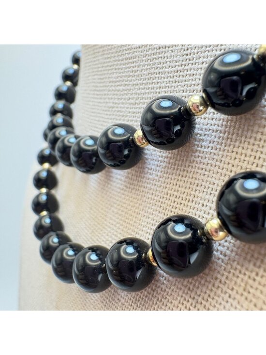 Black Onyx Vintage 7mm Alternating 10K Gold Bead Necklace No Clasp 20" Length - Picture 3 of 10